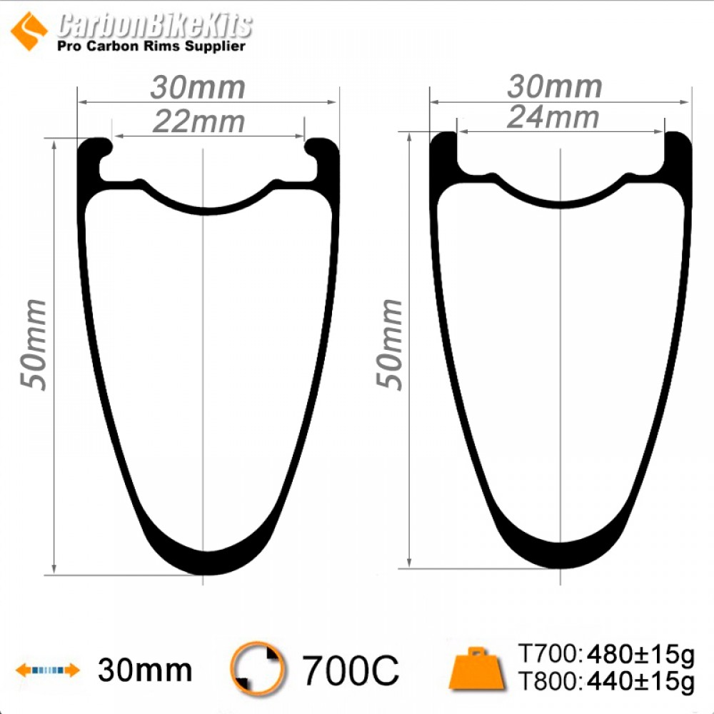 ULTRALIGHT 700C 50x30mm Carbon Tubeless Hooked /Hookless Gravel / CX Rim